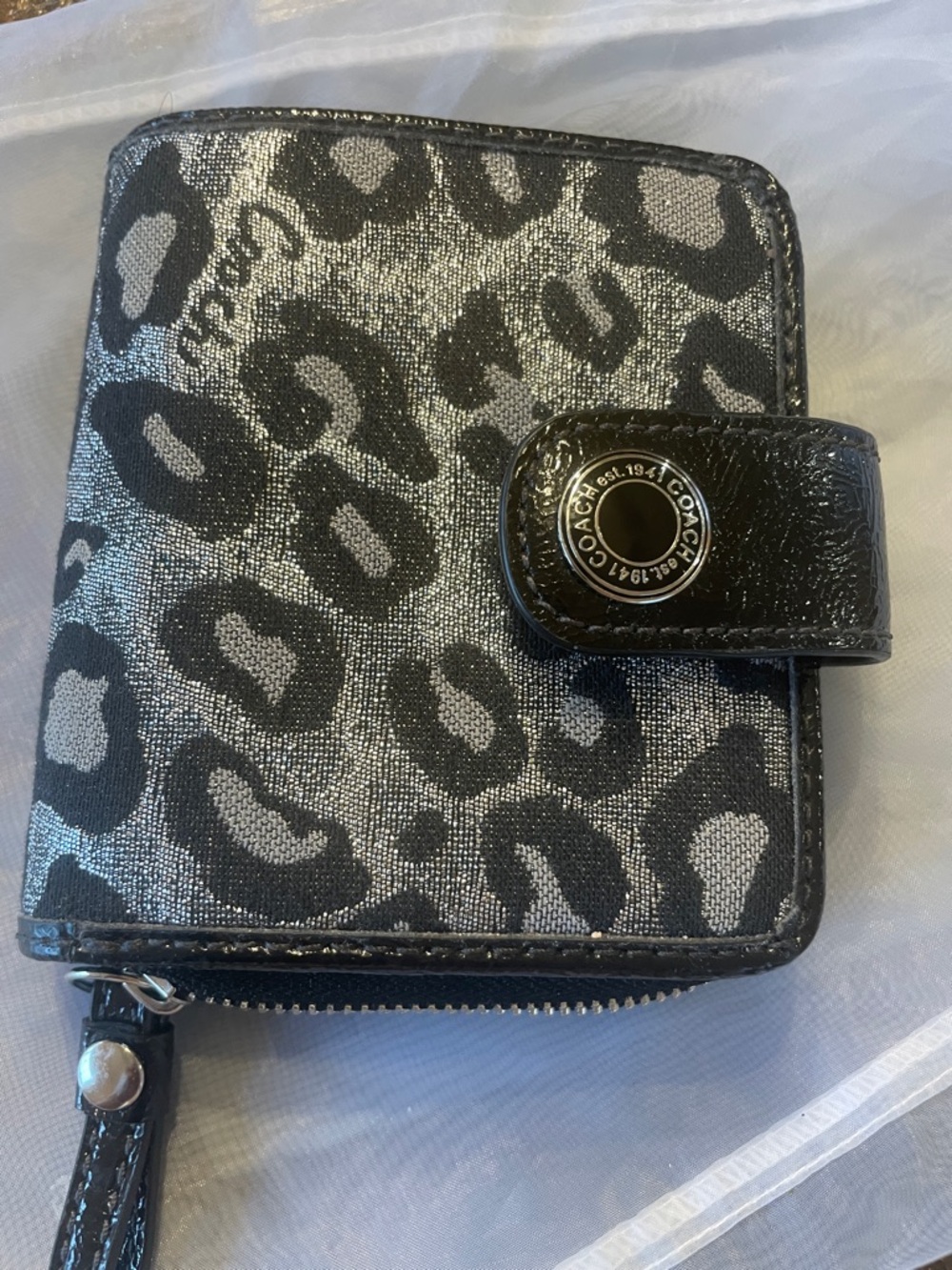 Coach Metallic Silver and Black Leopard Zip Wallet
